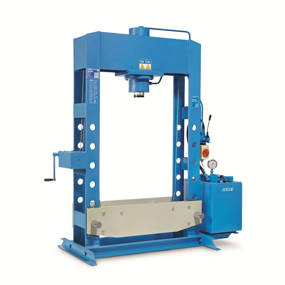 OMCN 204/W Pressa idraulica elettrica da officina a doppia velocità con pompa idropneumatica a pedale, linea W, portata 150 t, potenza 4 kW