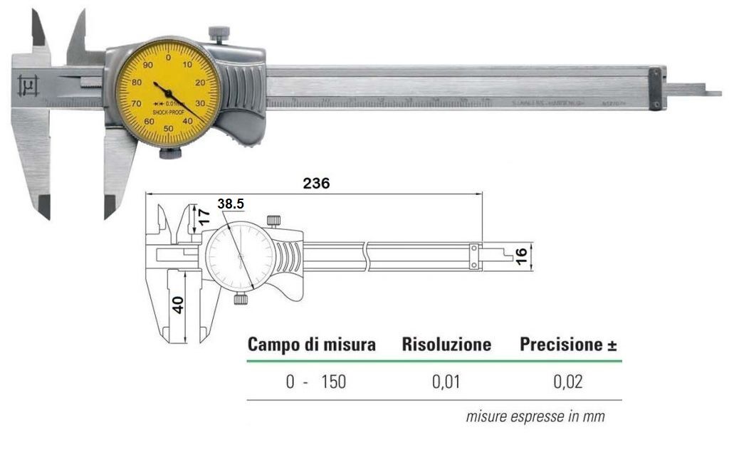 RUPAC 2301507C Calibro con orologio Serie MicroMet PLUS, meccanismo Shock-Proof - Campo di misura 150mm - Con Certificato ACCREDIA