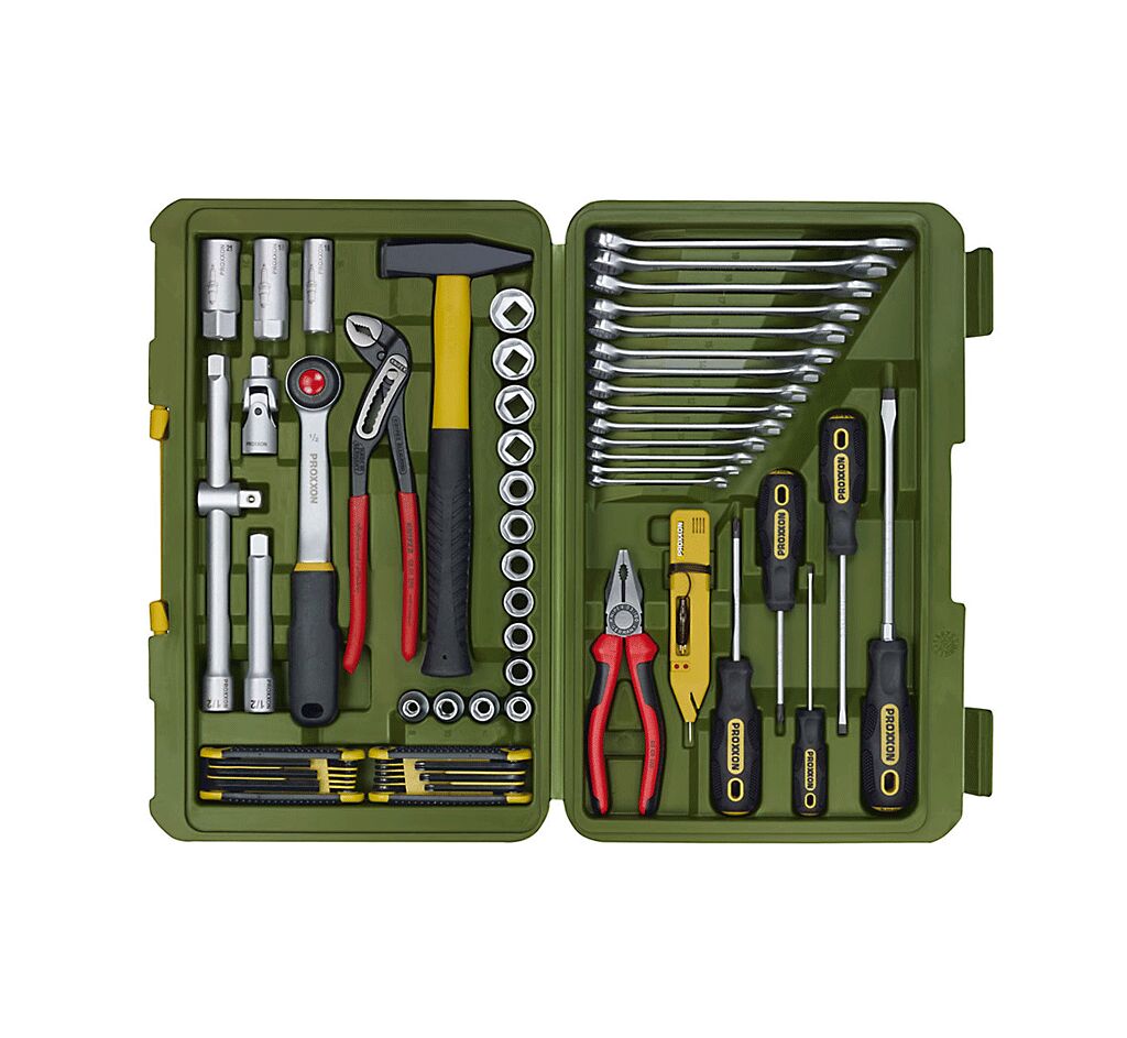 PROXXON 23650 Professioneller Universal-Werkzeugkoffer für Autos, 65-teilig mit Schraubenschlüsseln, Steckschlüsseleinsätzen, Ratsche und Zangen, 7. Generation