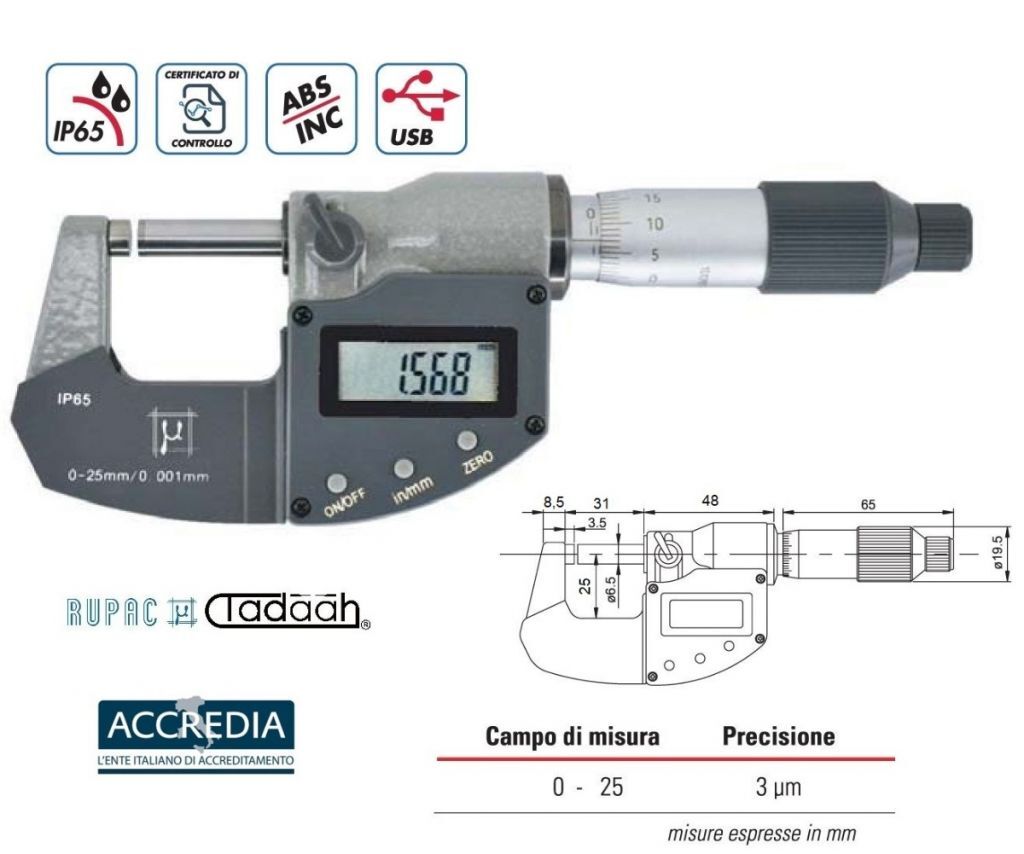 Micrometro per esterni digitali Serie Digitronic Plus. 0-25 millesimale, USB, IP65, con certificato ACCREDIA