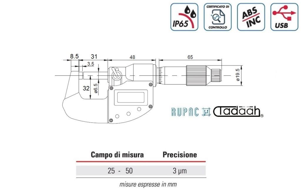 RUPAC 2390500 Micrometro per esterni digitale millesimali Serie Digitronic Plus, USB, IP65 - Campo di misura 25-50mm