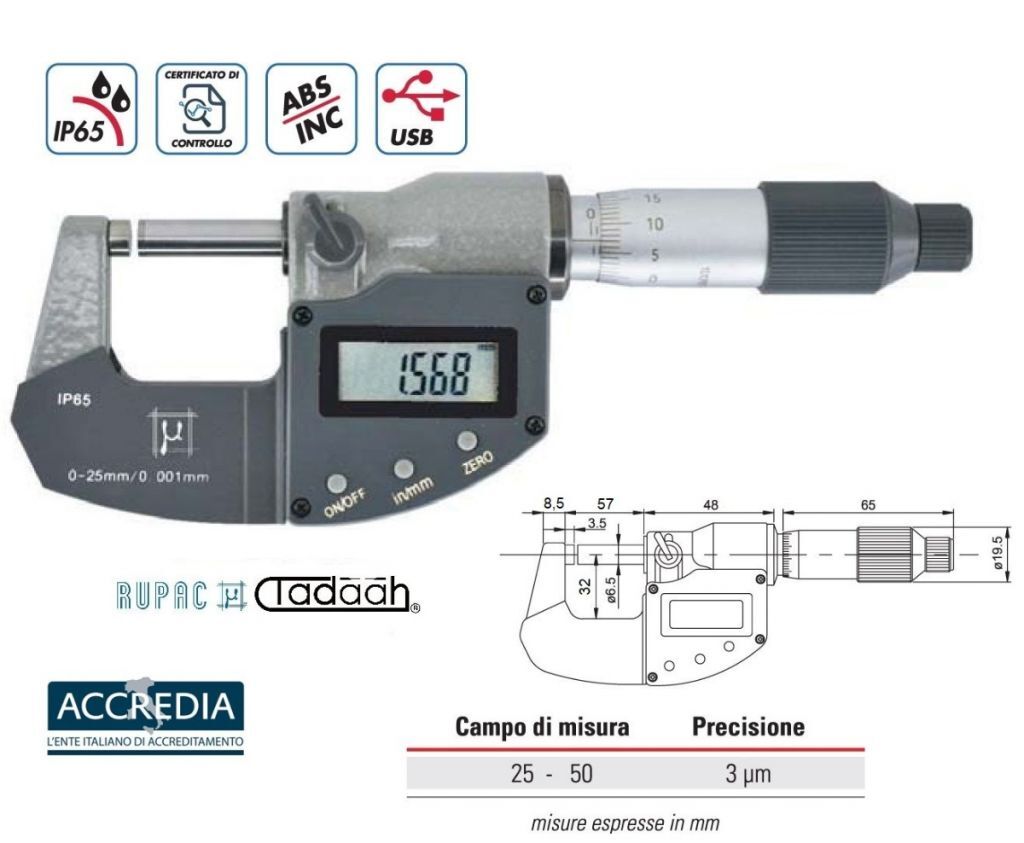 Micrometro per esterni digitali Serie Digitronic Plus. 25-50 millesimale, USB, IP65, con certificato ACCREDIA