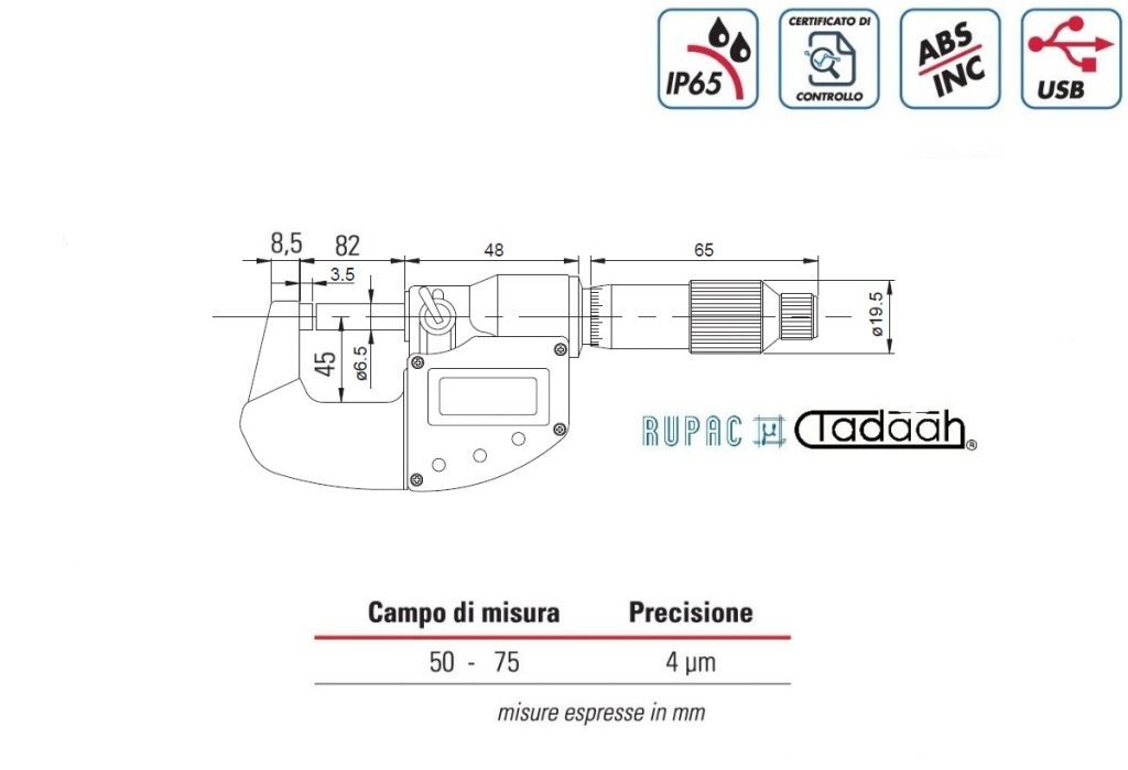 RUPAC 2390750 Micrometro per esterni digitale millesimali Serie Digitronic Plus, USB, IP65 - Campo di misura 50-75mm