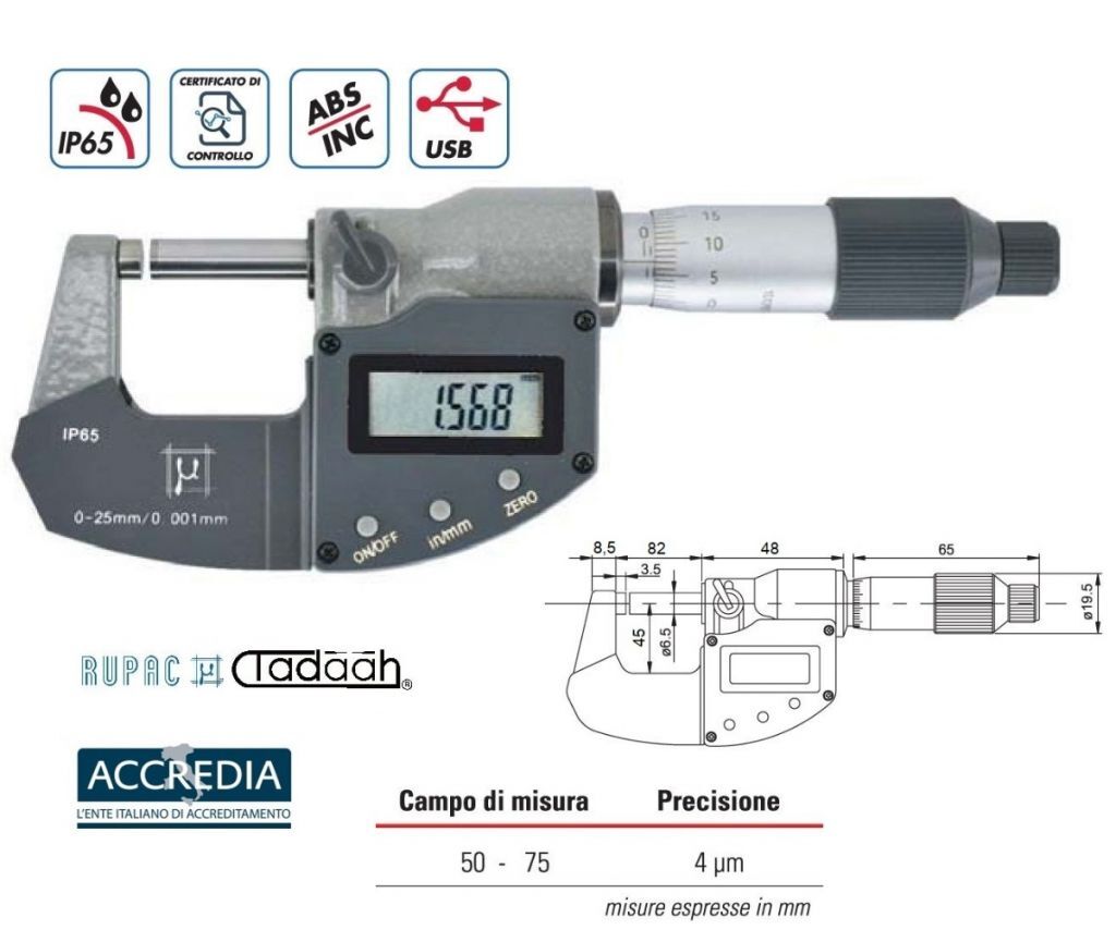 Micrometro per esterni digitali Serie Digitronic Plus. 50-75 millesimale, USB, IP65 con certificato ACCREDIA