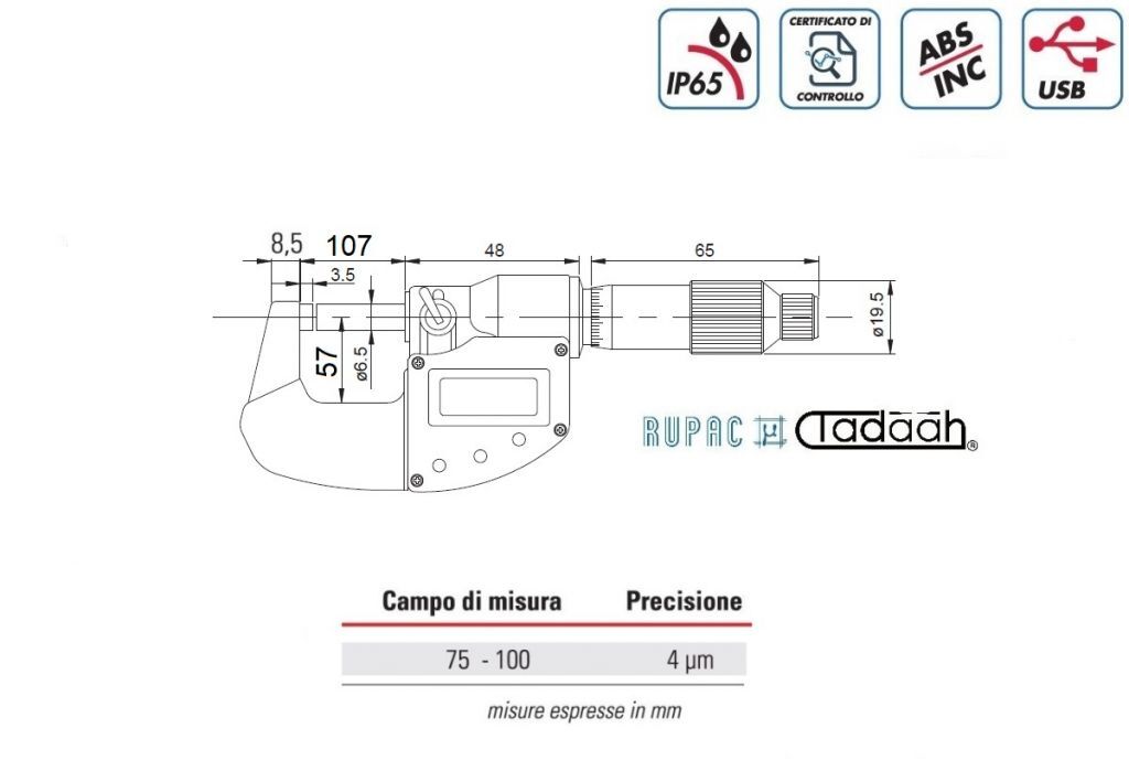 RUPAC 2391000 Micrometro per esterni digitale millesimali Serie Digitronic Plus, USB, IP65 - Campo di misura 75-100mm