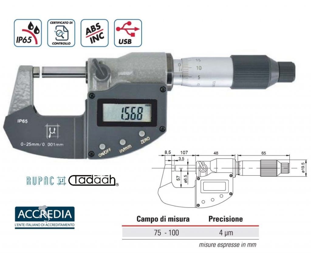 Micrometro per esterni digitali Serie Digitronic Plus. 75-100 - millesimale, USB, IP65 con certificato ACCREDIA