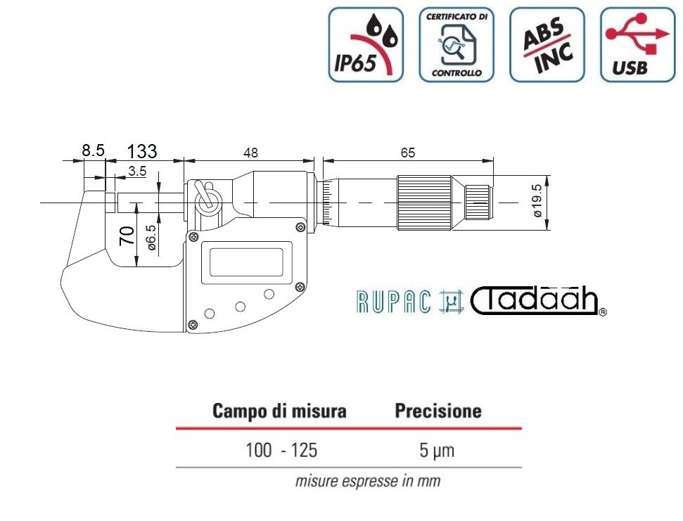 RUPAC 2391250 Micrometro per esterni digitale millesimali Serie Digitronic Plus, USB, IP65 - Campo di misura 100-125mm