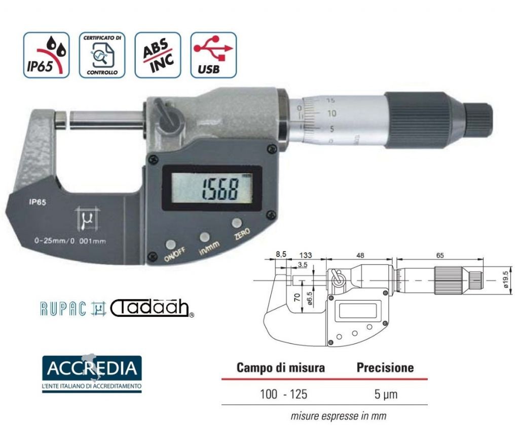 Micrometro per esterni digitali Serie Digitronic Plus.100-125, millesimale, USB, IP65 con certificato ACCREDIA