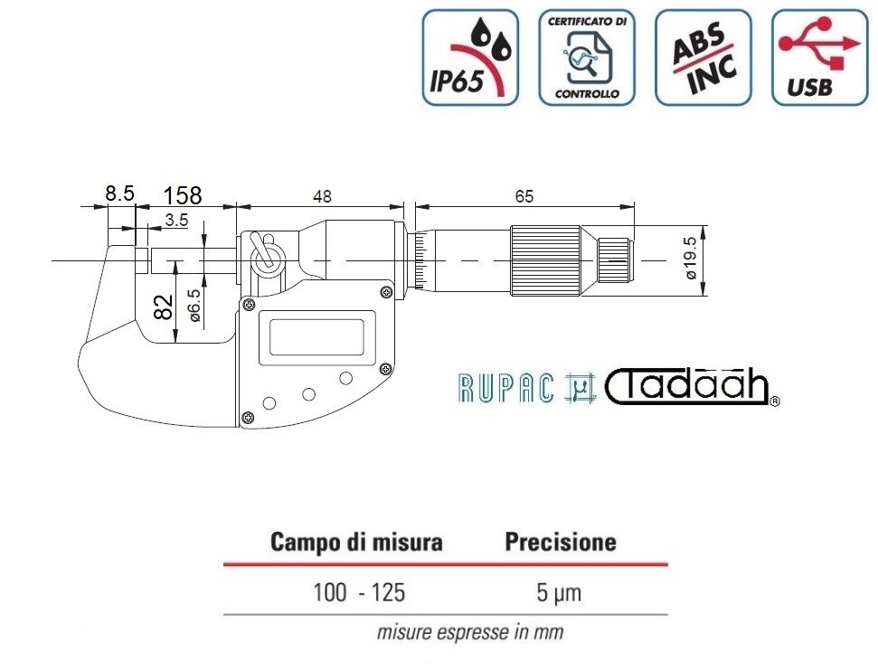 RUPAC 2391500 Micrometro per esterni digitale millesimali Serie Digitronic Plus, USB, IP65 - Campo di misura 125-150mm
