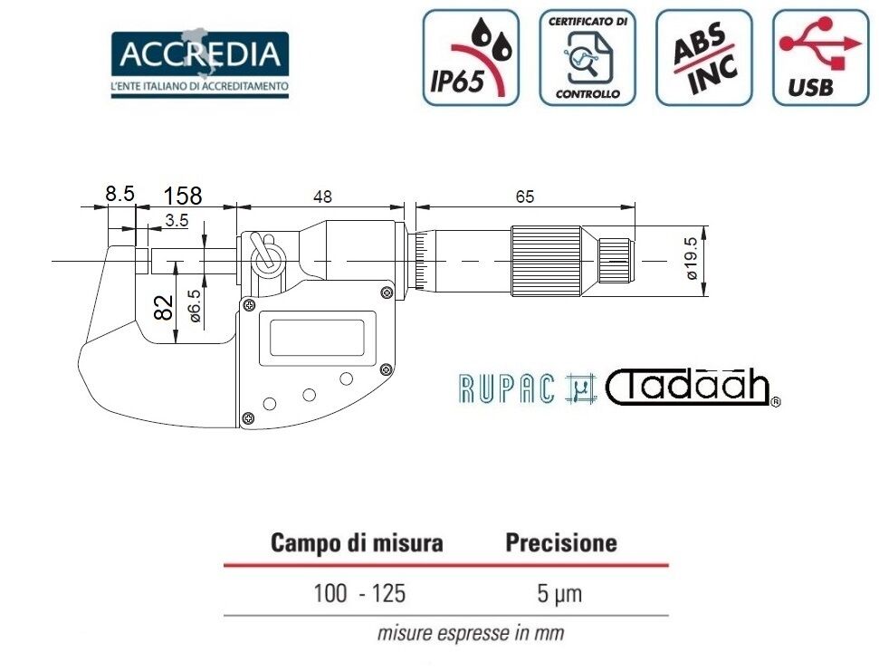RUPAC 2391500C Micrometro per esterni digitale Serie Digitronic Plus 125-150, millesimale, USB, IP65 - con certificato ACCREDIA