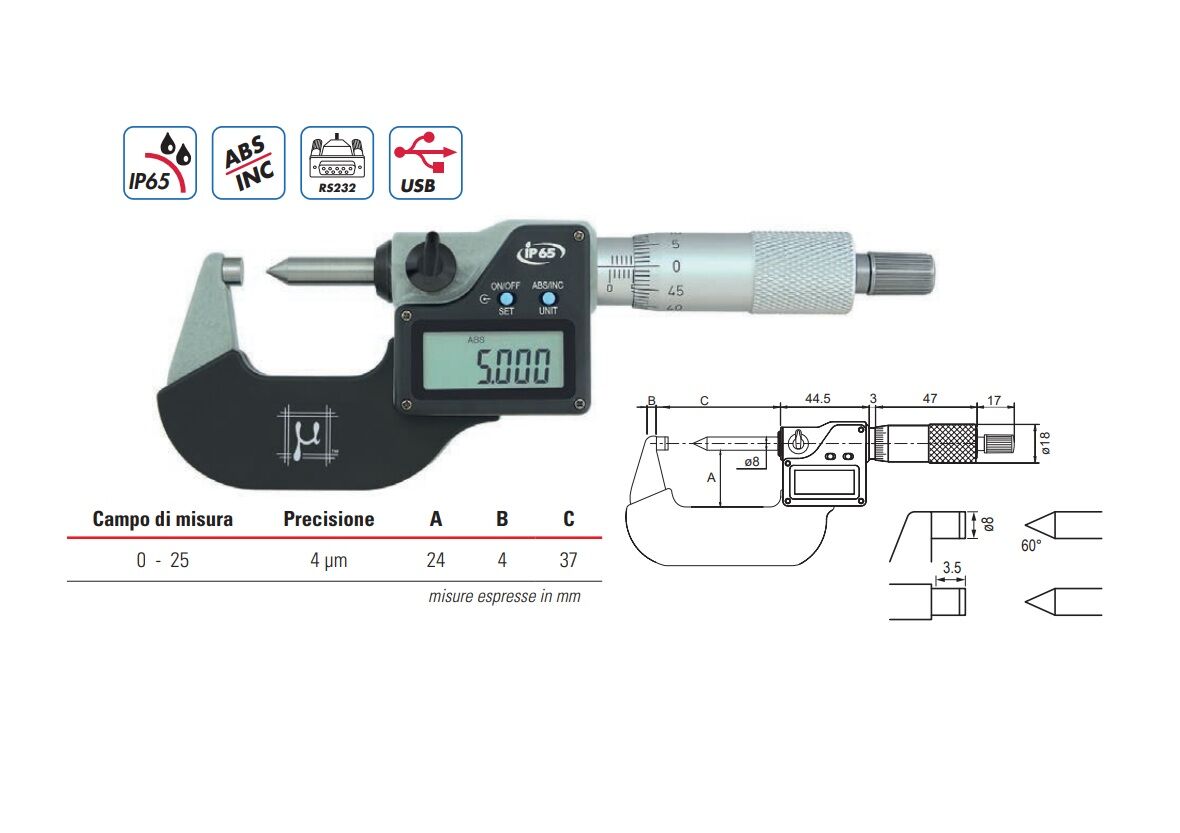 RUPAC 2396525 Digitale Bügelmessschraube mit Einstich und Flachamboss Serie digitronic, IP65 - Messbereich 0-25mm