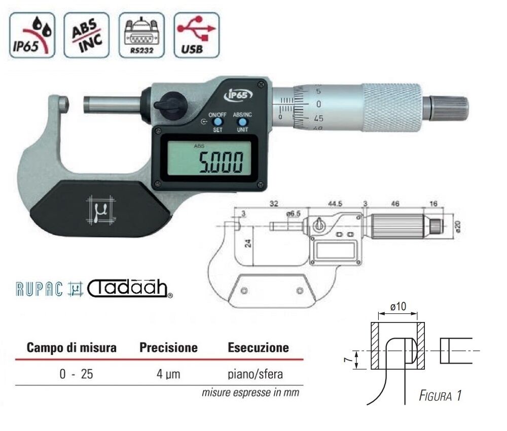 RUPAC 2397025 Digital micrometer for convex surfaces, Digitronic Series, flat/sphere execution - Measuring range 0-25mm