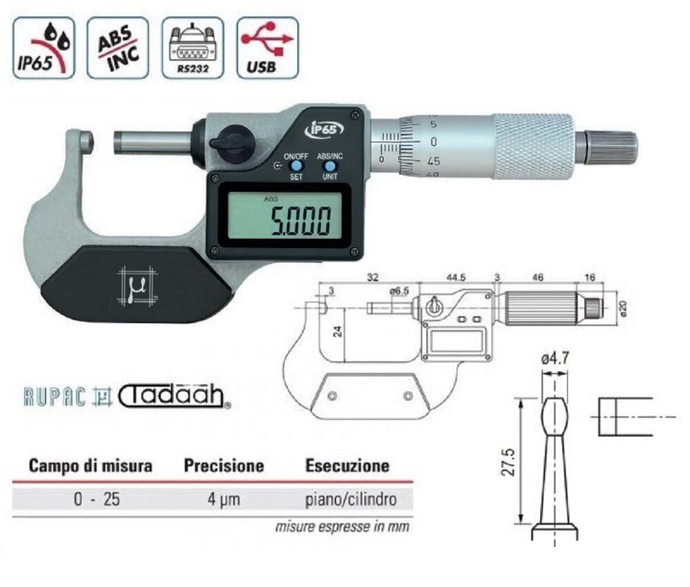 RUPAC 2397026 Micrometro digitale millesimale per superfici convesse e contatto cilindrico in acciaio, Serie Digitronic, esecuzione piano/cilindro - Campo di misura 0-25mm