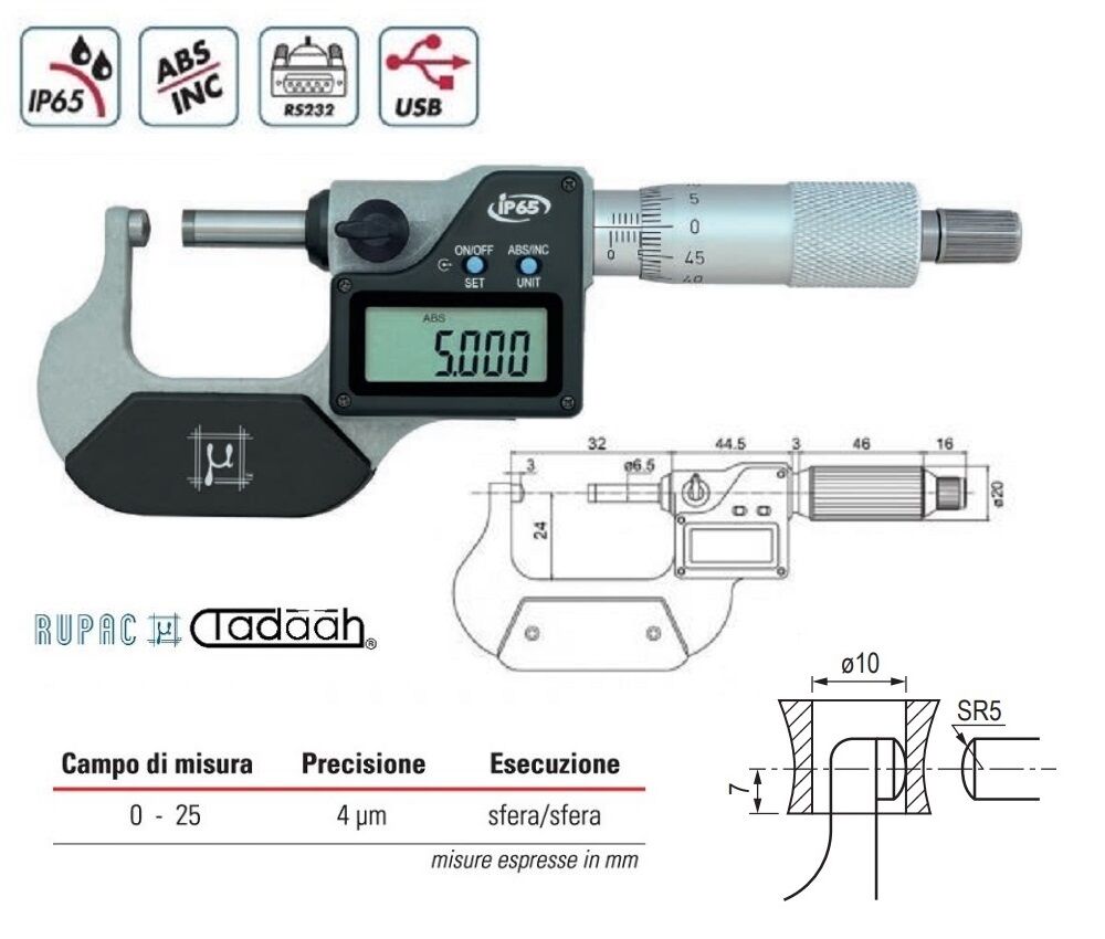 RUPAC 2397125 Digital micrometer for convex surfaces, Digitronic Series, flat/sphere execution - Measuring range 0-25mm