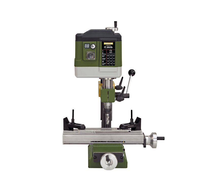 PROXXON 24114 Fresatrice di precisione da banco, modello FF 250/BL, Brushless con regolazione continua 400–6000 giri/min, display digitale, 230 V, testa orientabile 360°, tavola a croce