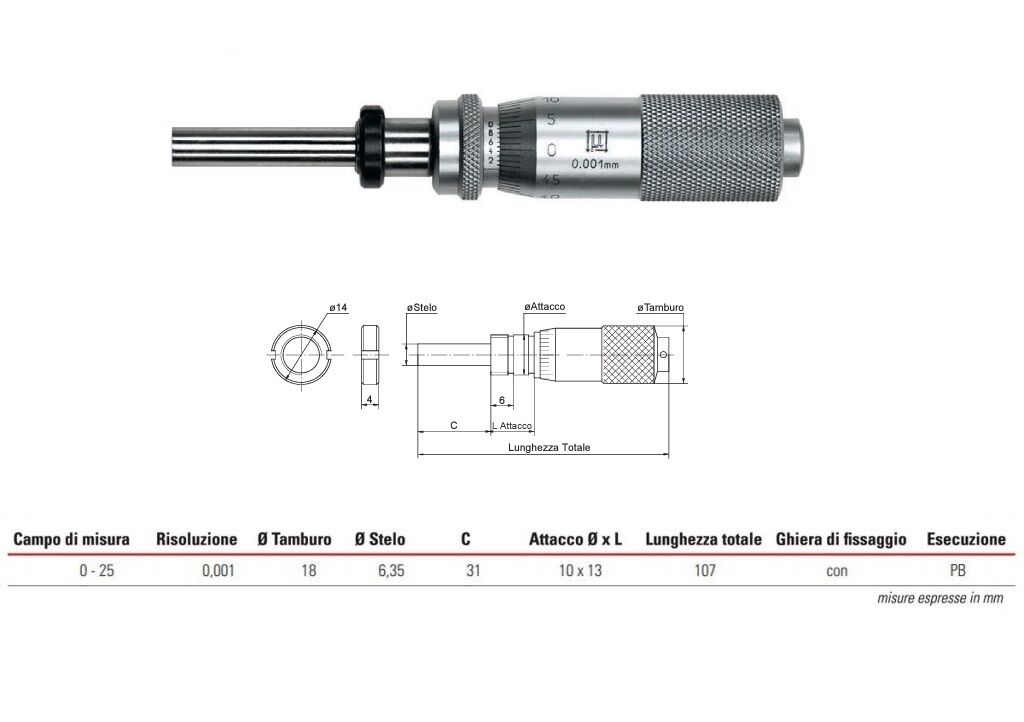 2772513 RUPAC Testina micrometrica piana millesimale con bloccaggio stelo Serie MicroMet, con ghiera di fissaggio