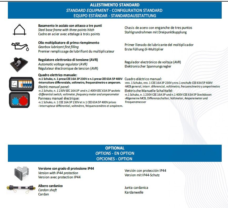 30TR Generator prime power kW24, Stand-bay power kW26.4 with three-point hitch for tractors with 60Hp power, electronic voltage regulator (AVR), 400V