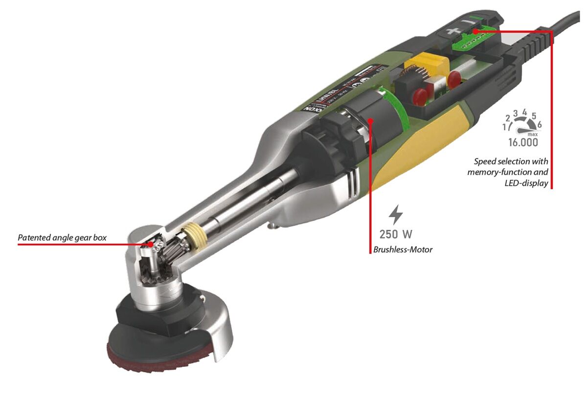 PROXXON 29202 Smerigliatrice angolare a collo lungo, modello LHW/BL, 230 V, brushless, per tagli precisi anche negli angoli, profondità di taglio 14 mm