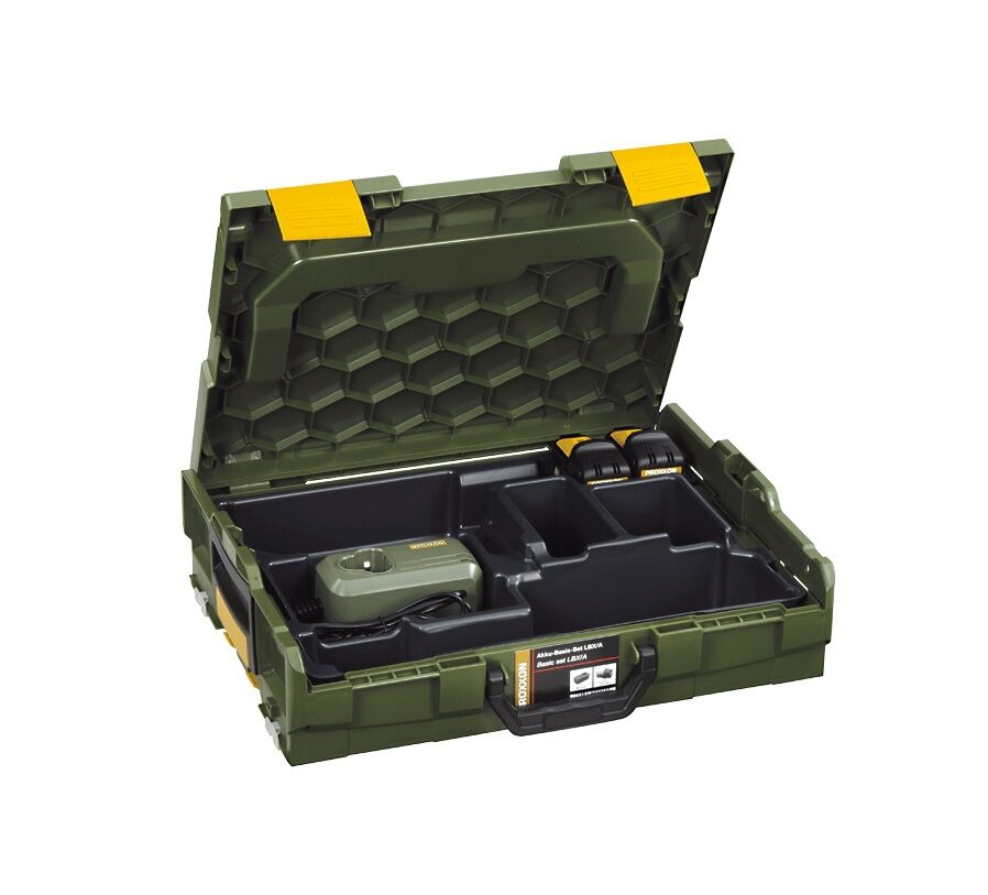 PROXXON 29900 Akku-Basis-Set, Modell L-BOXX, Zwei Li-Ionen-Akkus und Akku-Schnellladegerät gehören