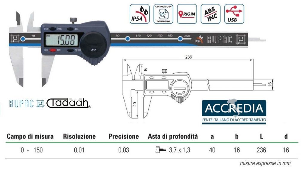 2990150C Digitronic PLUS Series Digital Gauge - 3,7x1,3 rod - with Accredia certificate