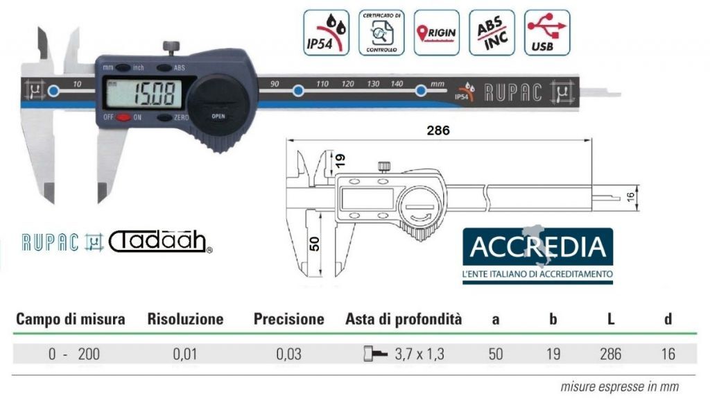 2990200C Digitronic PLUS Series Digital Gauge - 3,7x1,3 rod - with Accredia certificate