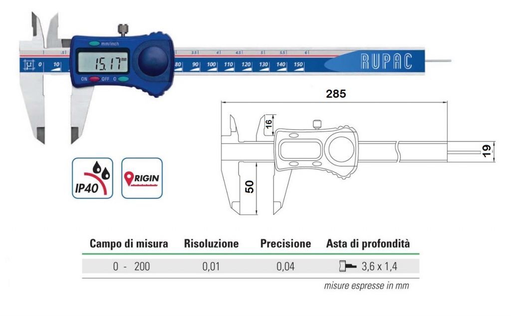 Calibro digitale centesimale Serie BluLine in acciaio inossidabile 0-200 - IP40 - con asta tonda D.1,6