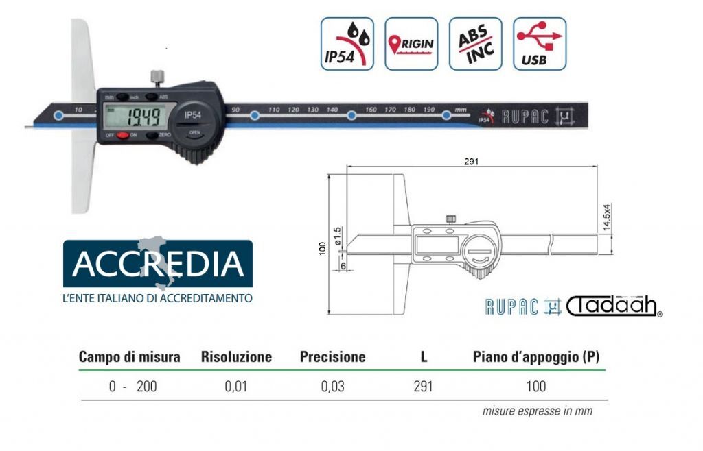 2992206C Digital depth gauge Series Digitronic PLUS measuring rod 14.5 x 4 mm-0-200 - ACCREDIA CERTIFICATE