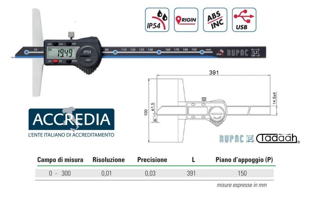 Calibro digitale di profondità Serie Digitronic PLUS asta di misurazione 14,5 x 4 mm-0-300 - CERTIFICATO ACCREDIA