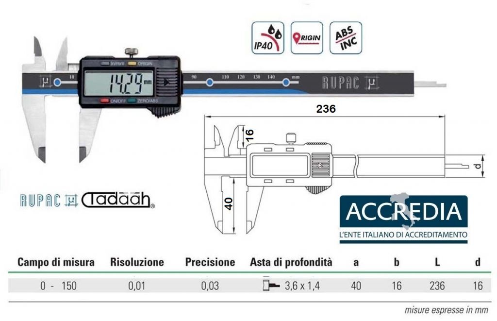 2993150C Digitales Messschieber Serie Digitronic - mit Accredia-Zertifikat