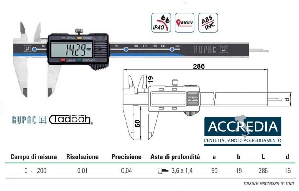 2993200C Digitales Messschieber Serie Digitronic - mit Accredia-Zertifikat