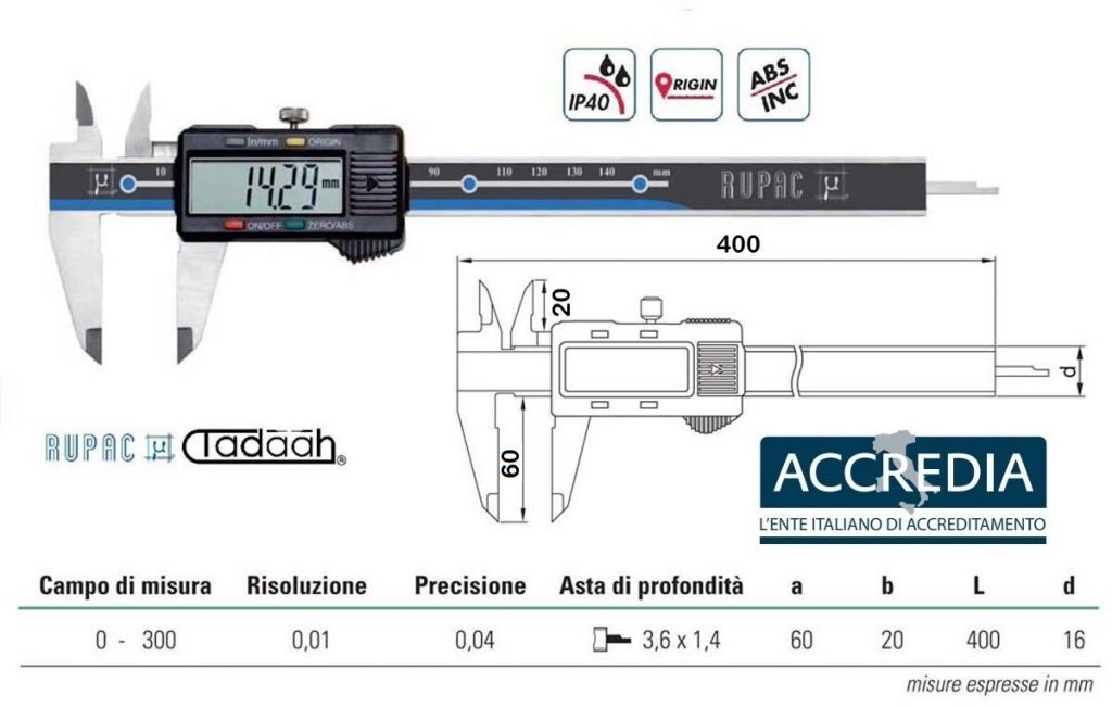 2993300C Digitales Messschieber Serie Digitronic - mit Accredia-Zertifikat