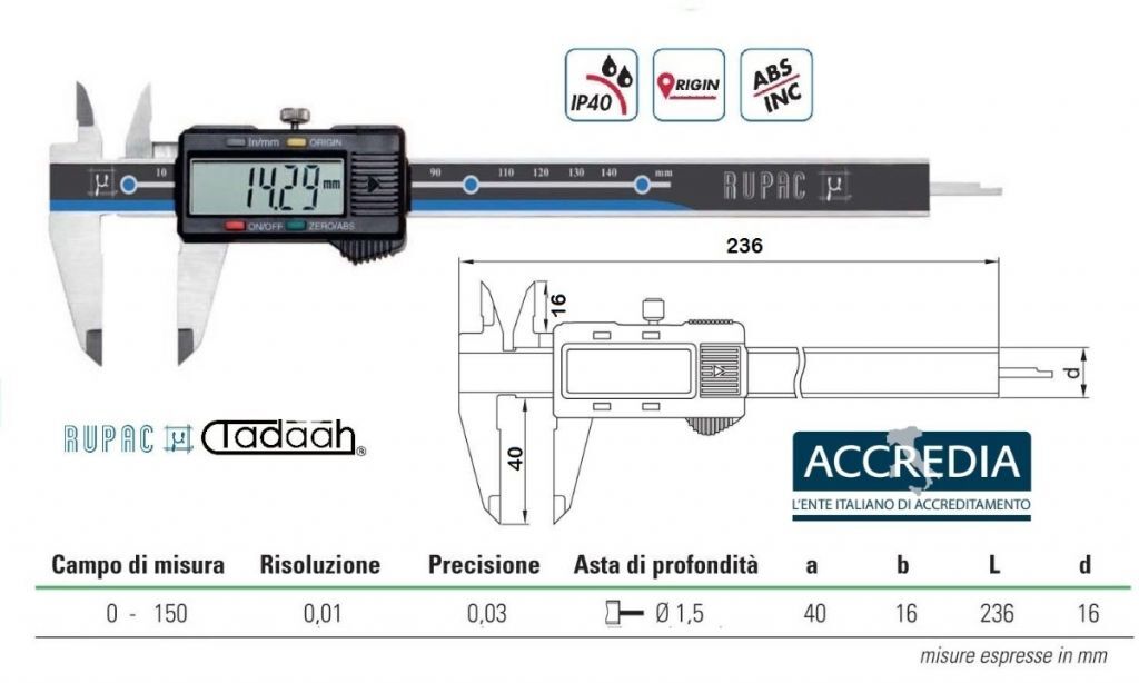 2994150C Calibri digitali Serie Digitronic con asta di profondità Ø1,5mm - con certificato Accredia