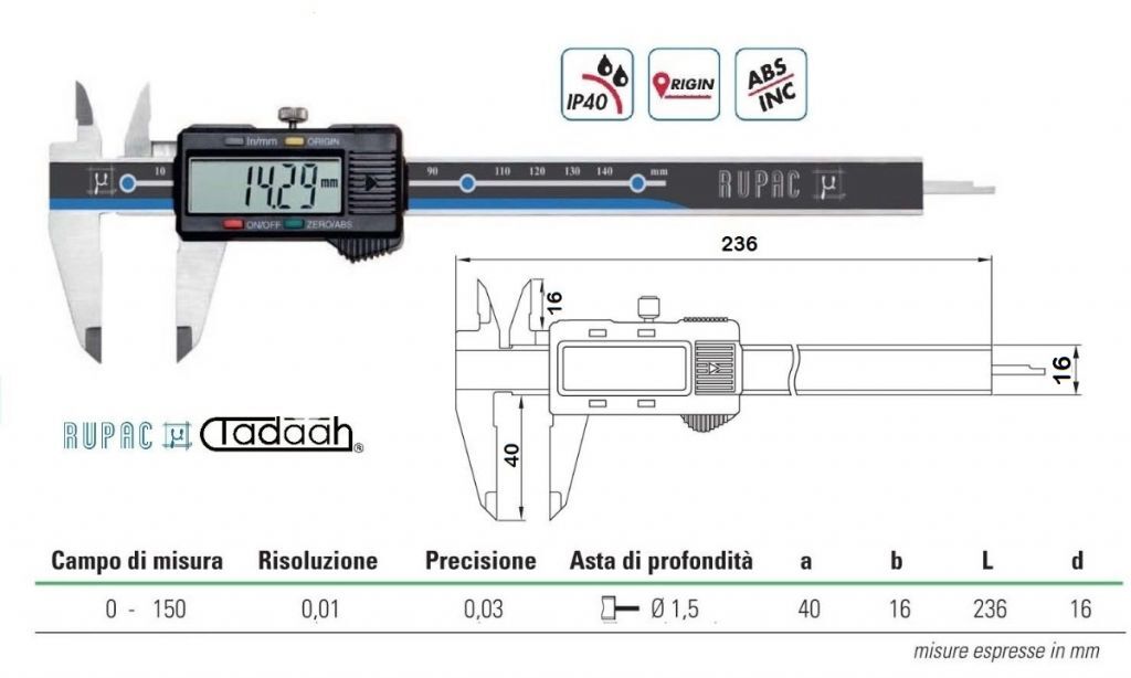 RUPAC S2994150 Calibro digitali Serie Digitronic con asta di profondità Ø1,5mm - Campo misura 0-150 - Precisione 0,03 - IP40