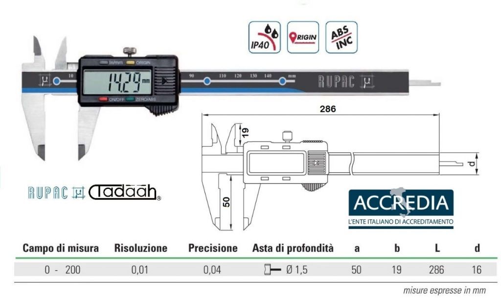 2994200C Digitales Messschieber Serie Digitronic mit Tiefenmessstange Ø1,5 mm - mit Accredia-Zertifikat