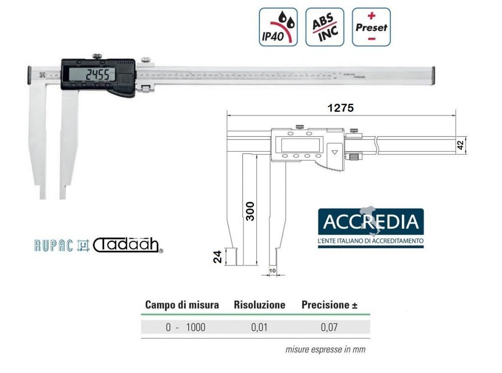 2995005C Digital Messschieber Werkstatt Serie Digitronic, Zentesimal, mit langen Schnäbeln - 0 - 1000 - mit Accredia-Zertifikat