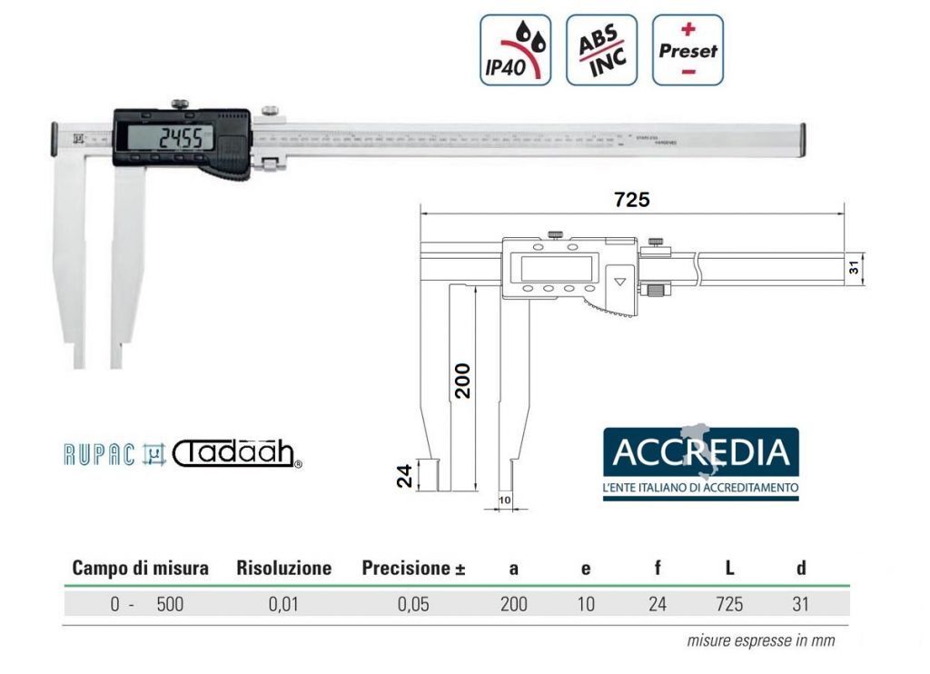 2995505C Digital workshop gauge Digitronic series with long beaks - with Accredia certificate
