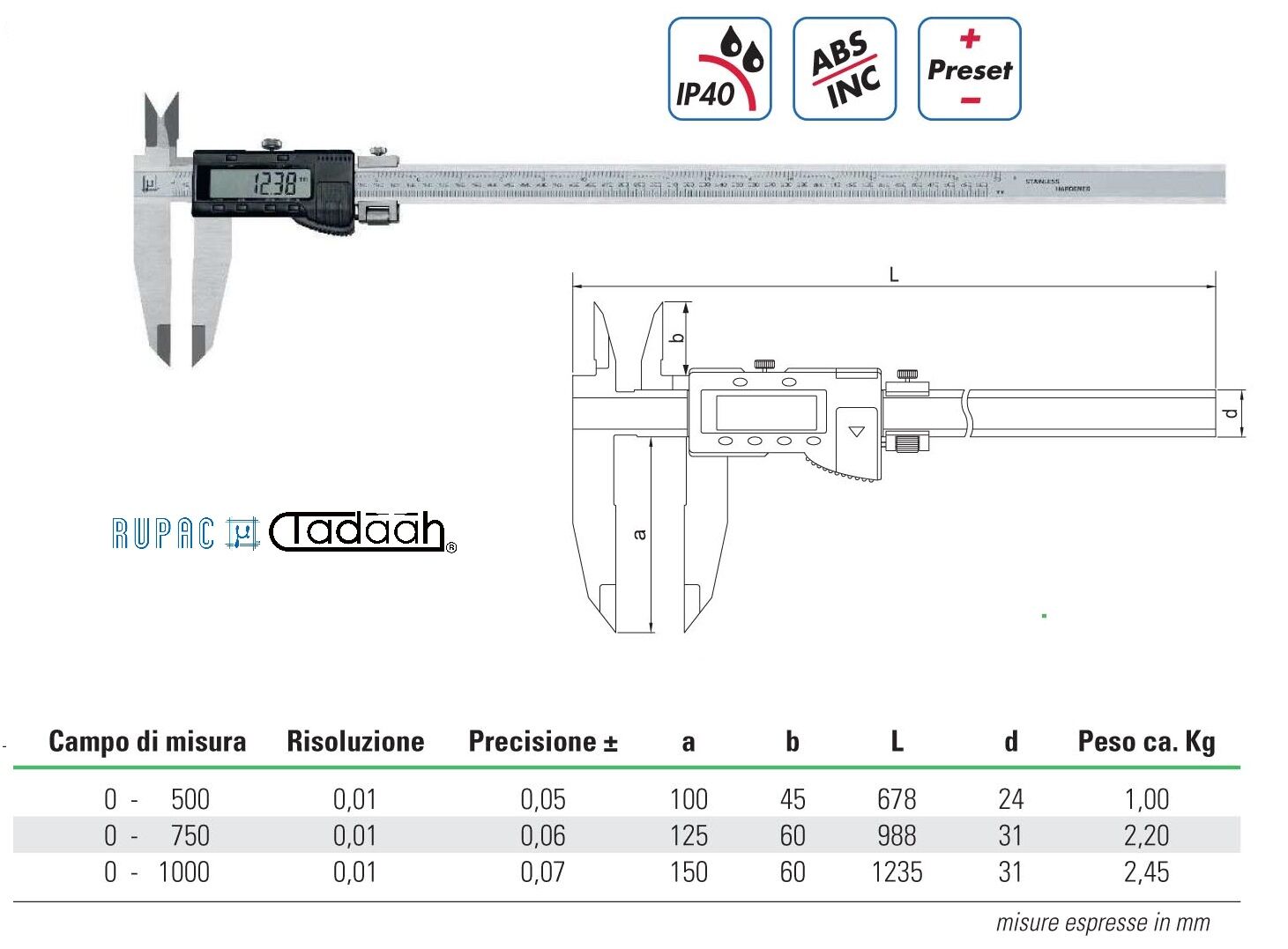 C2995507 RUPAC Digital Messschieber Werkstattkaliber Serie Digitronic mit Schnäbeln für den Innengebrauch - Massbereich nach Ihrer Wahl