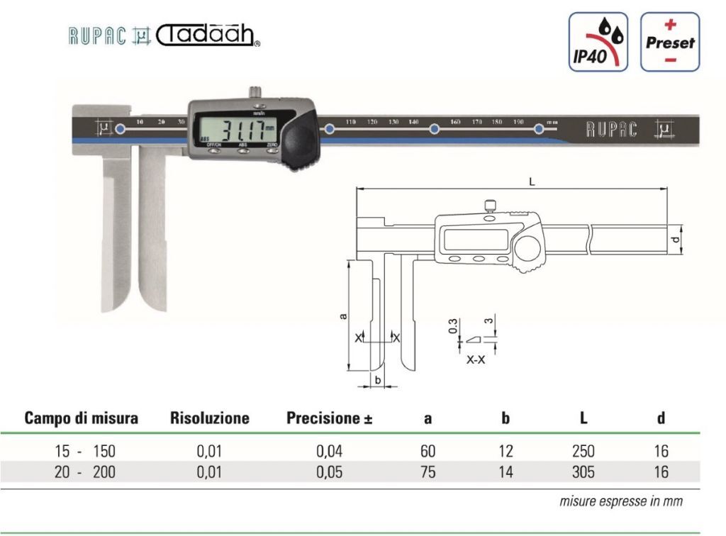Digital Messschieber in Sonderausführung Serie Digitronic, mit langen Schnäbeln für den Innenbereich