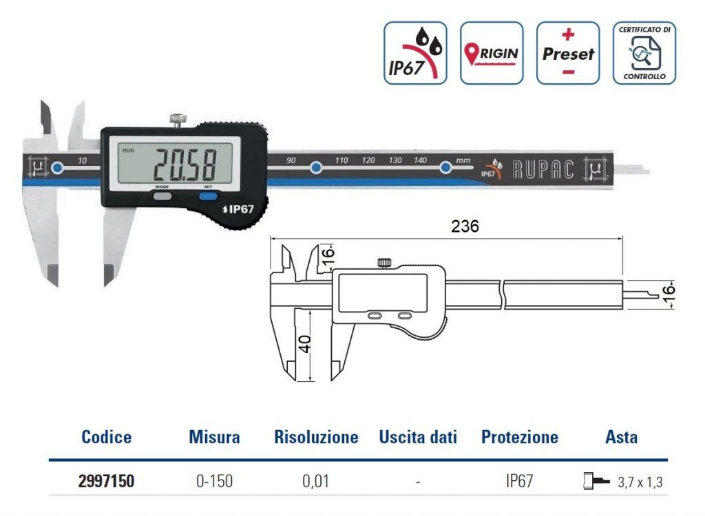 2997150C RUPAC "High Quality" digital caliper Digitronic Plus series with Accredia certificate, measuring range 0-150mm, IP67, resolution 0,01