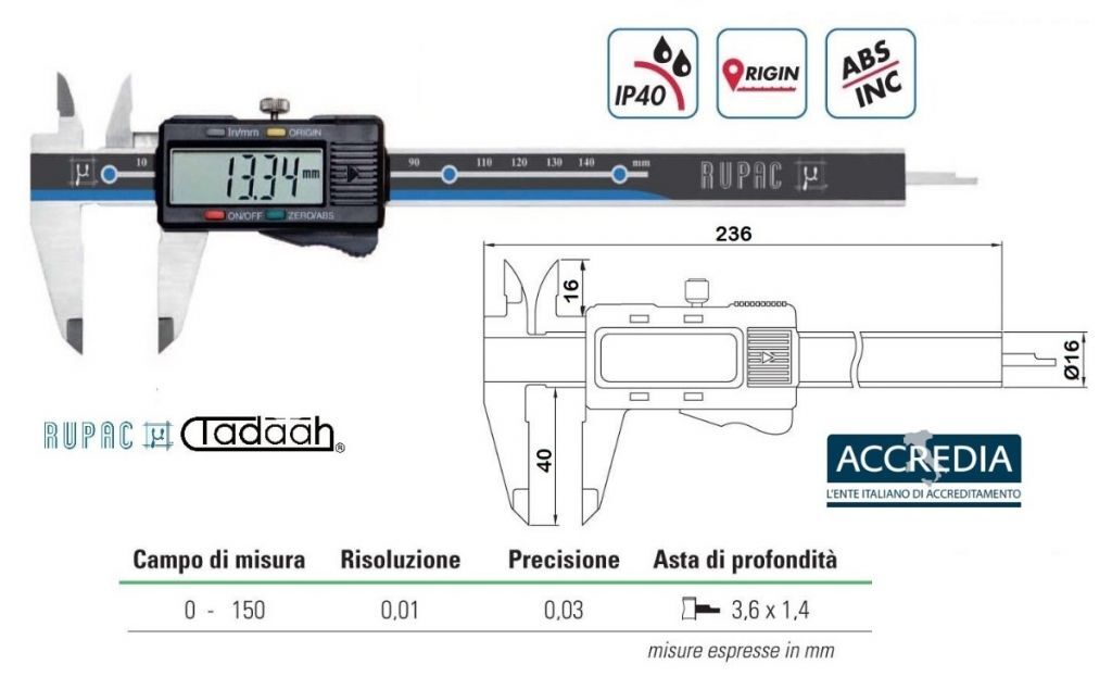 2998150C Calibro digitale serie Digitronic, centesimale, bloccaggio rapido - con Certificato Accredia