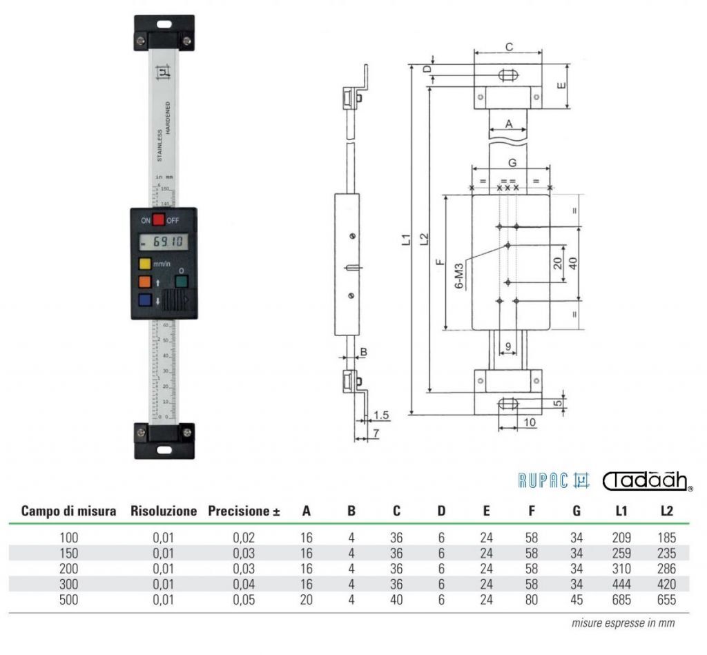 RUPAC C2999105 Digitronic Series Vertical Digital Scales, 0.01 resolution, IP40 - Measuring range to choice from 100mm to 500mm