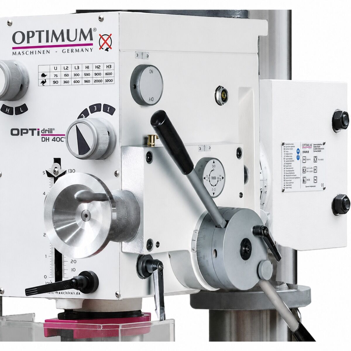 OPTIMUM 303452 Trapano a colonna a ingranaggi automatico con tavola a croce, modello DH 40CTP, 1.5 kW, trifase 400V, attacco CM4