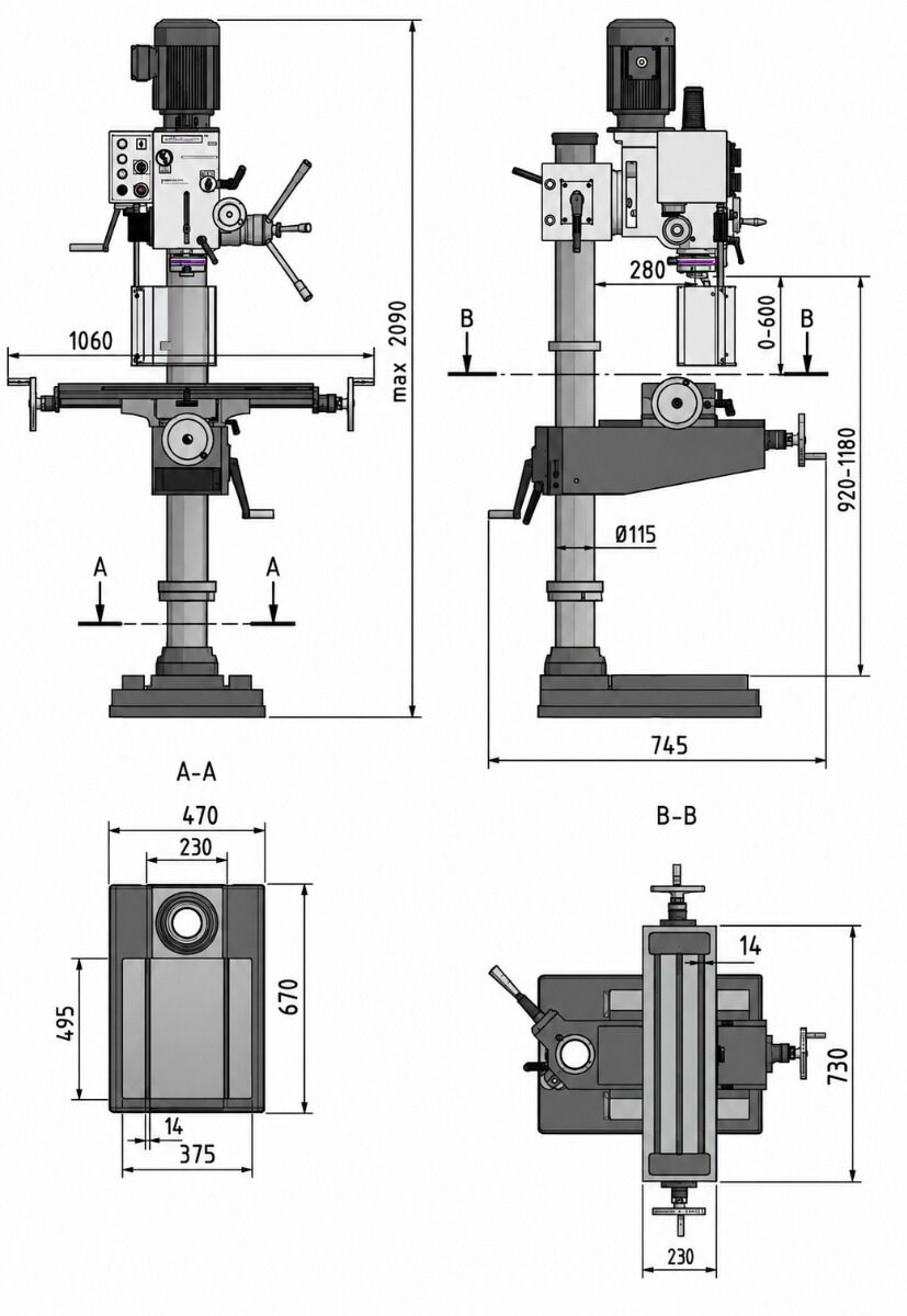 OPTIMUM 303452 Trapano a colonna a ingranaggi automatico con tavola a croce, modello DH 40CTP, 1.5 kW, trifase 400V, attacco CM4