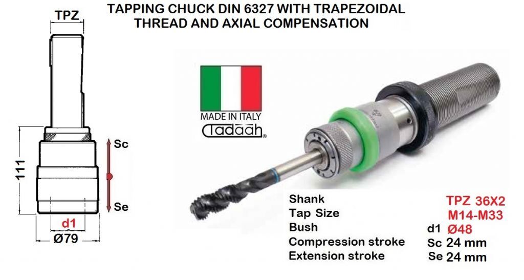 TD0136MAFTR06 Maschiatore attacco codolo filettato trapezoidale TPZ36x2 DIN 6327 con compensazione assiale, capacità maschiatura da M14 a M33 - attacco bussola Dia. 48mm