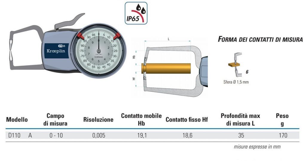 3501710 Rupac Comparatore a bracci tastatori per esterni, contatto a sfera 0-10mm, grado di protezione IP65