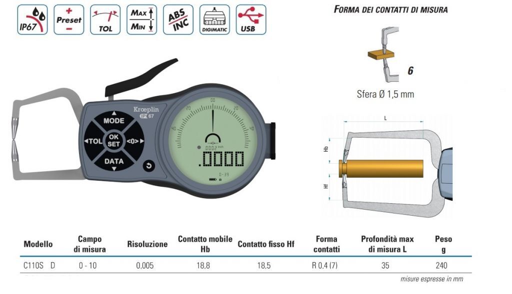 3503500N Digital dial indicator with touch probes for outdoor use Series DigitronicPlus new version "K", measuring range 0-10 mm, ball contact Ø1.5 mm, IP67