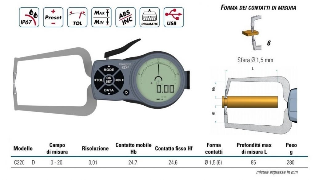 RUPAC 3503502N Comparatore digitale Kroeplin a bracci tastatori per esterni Serie Digitronic Plus nuova versione "K" , campo di misura 0-20 mm, contatto a sfera Ø1,5 mm, IP67