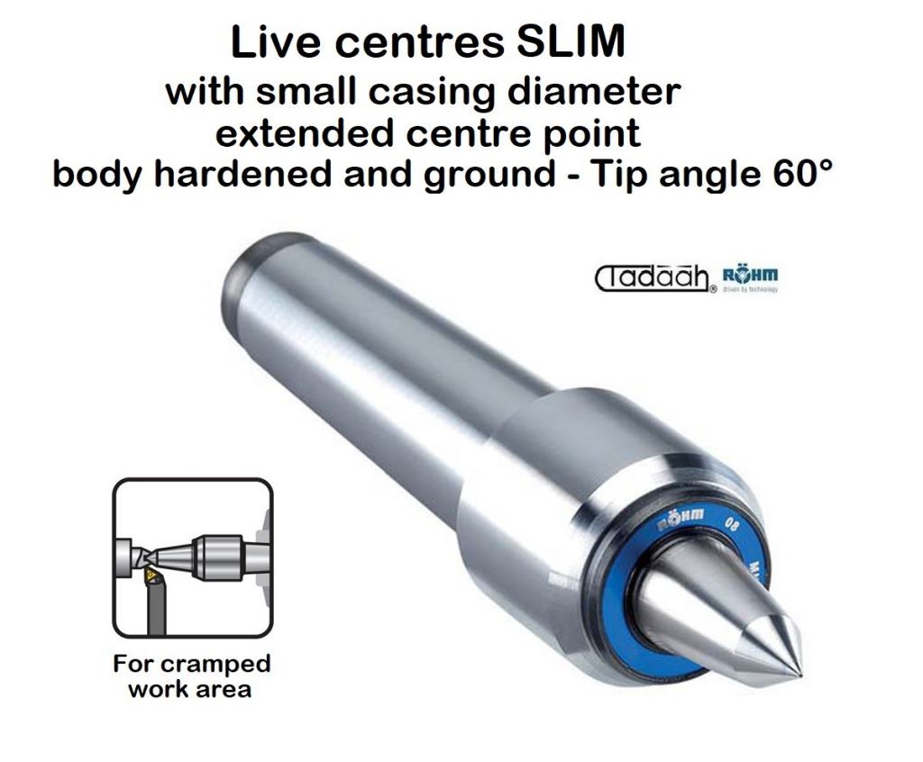 Live centres Röhm SLIM, mount MT, small casing diameter and extended centre point, body hardened and ground - tip angle 60°