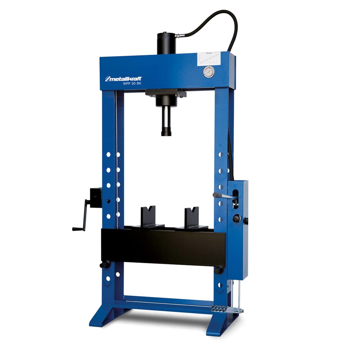 METALLKRAFT 4002050 Hydraulische Werkstattpresse WPP 50 BK Mit Hand- und Fußpumpe sowie beweglichem Zylinder, Presskraft 50 Tonnen, Für alle Reparatur- und Montagearbeiten