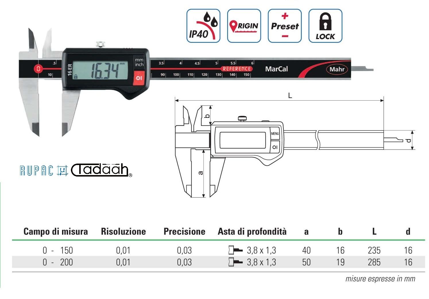 Calibro digitale Serie Mahr, con funzione Lock